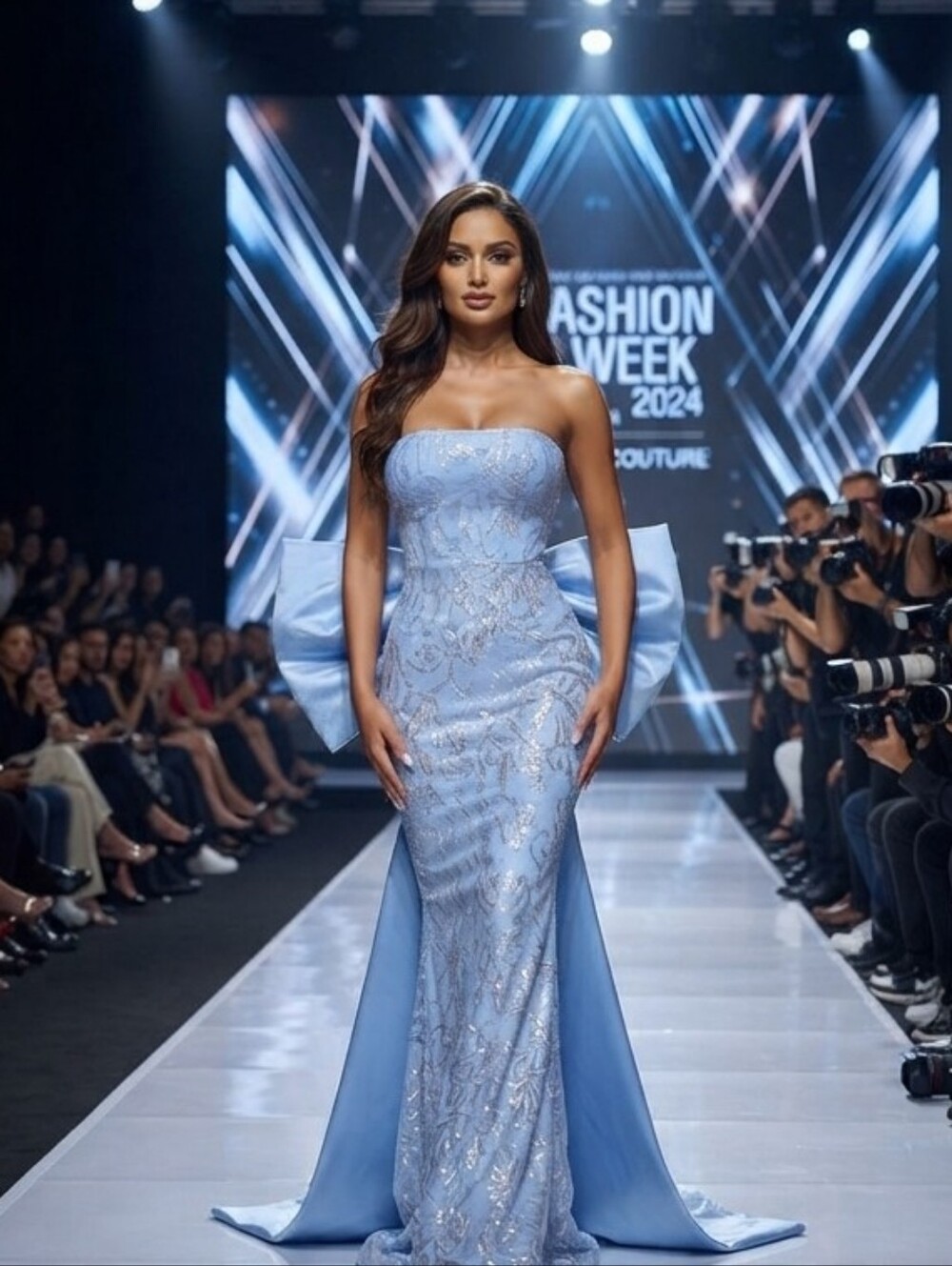 Baby Blue Strapless,  Big Bow, Mermaid Maxi Gown for Special Events